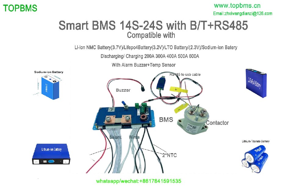 Smart BMS 14S-24S 200A 300A 400A 500A 600A Bluetooth RS485 Modbus LiFepo4 Battery BMS 14S-24S /Li-ion NMC Battery/LiFep04 Battery/Lithium-Titanate Battery E-CAR Tricycle Forklift