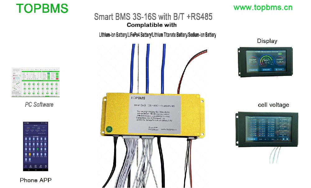TOPBMS BMS 3S -16S 40A 60A 80A 100A 150A Bluetooth +RS485 Communication which is compatible LI-ion NMC Battery(3.7V) /Lifepo4 Battrery(3.2V) /LTO Battery (2.3V)/Sodium-ion Battery (3.1V)