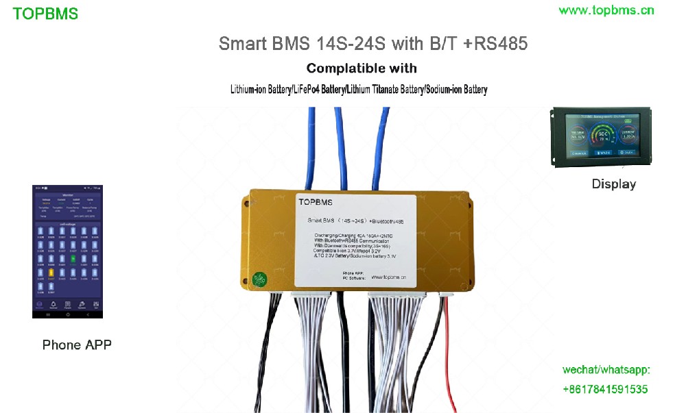 TOPBMS BMS 14S -24S 40A 60A 80A 100A 150A Bluetooth +RS485 Communication which is compatible LI-ion NMC Battery(3.7V) /Lifepo4 Battrery(3.2V) /LTO Battery (2.3V)/Sodium-ion Battery (3.1V)