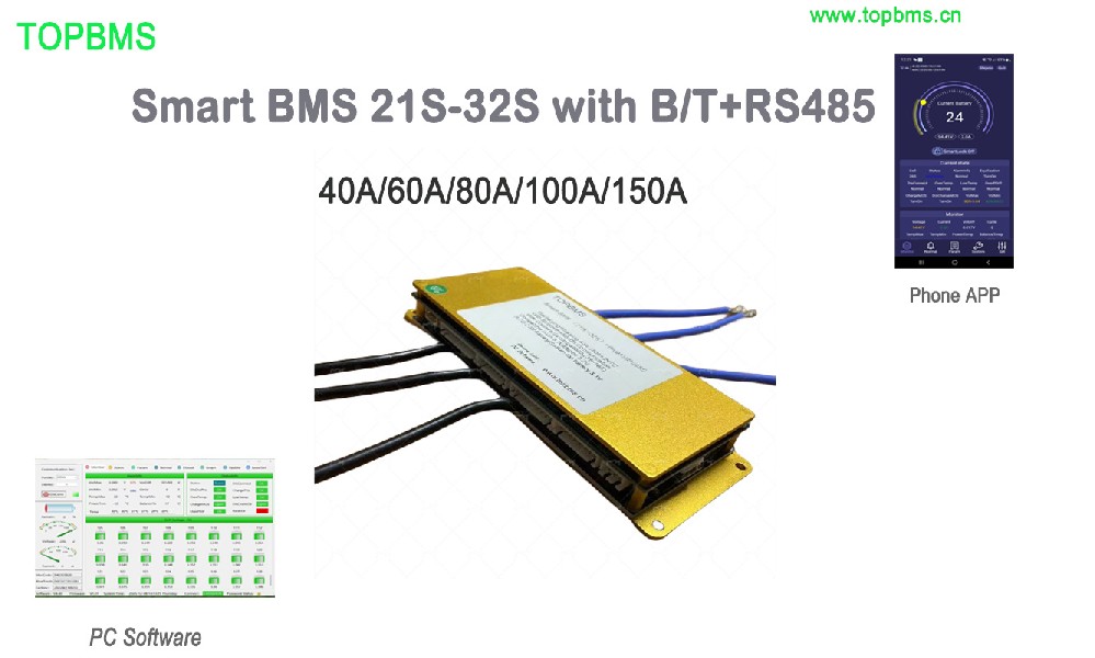 TOPBMS BMS21S -32S 40A 60A 80A 100A 150A Bluetooth +RS485 Communication which is compatible LI-ion NMC Battery(3.7V) /Lifepo4 Battrery(3.2V) /LTO Battery (2.3V)/Sodium-ion Battery (3.1V)