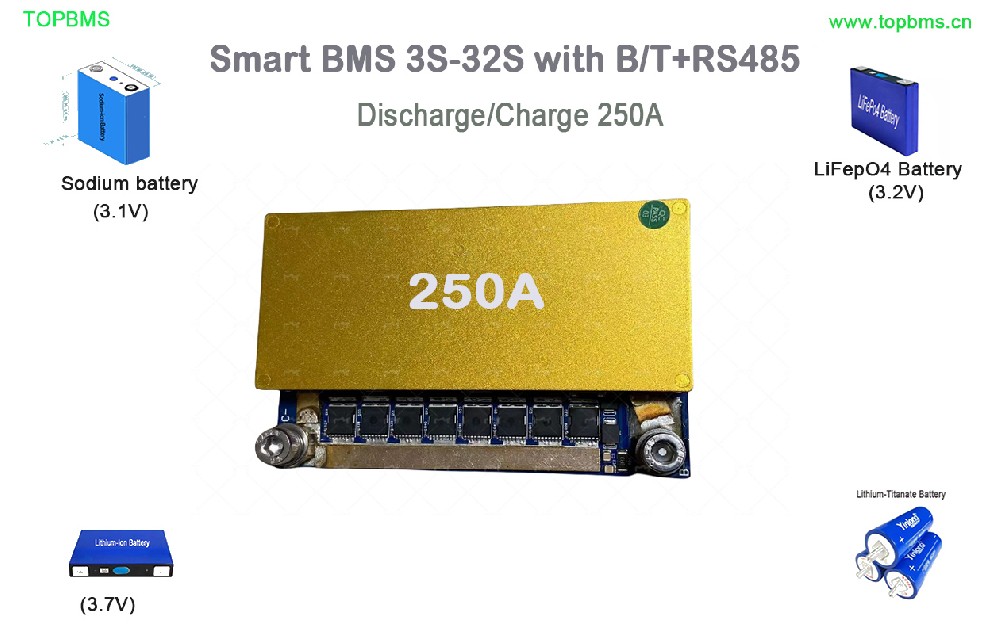 TOPBMS BMS 3S -32S 250A Contibuous/ Peak 750A Bluetooth +RS485 Communication which is compatible LI-ion NMC Battery(3.7V) /Lifepo4 Battrery(3.2V) /LTO Battery (2.3V)/Sodium-ion Battery (3.1V)