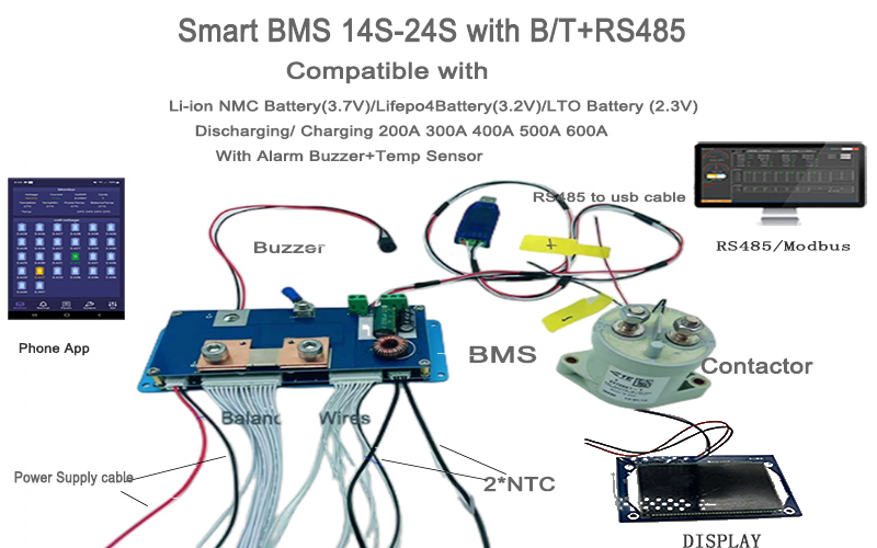 User Manual of Smart BMS 14S-24S 200A 300A 400A 500A 600A Bluetooth RS485 Modbus LiFepo4 Battery BMS 14S-24S /Li-ion NMC Battery/LiFep04 Battery/Lithium-Titanate Battery E-CAR Tricycle Forklift